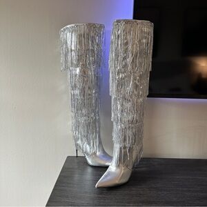 Only Maker Silver Fringe Knee-High Boots